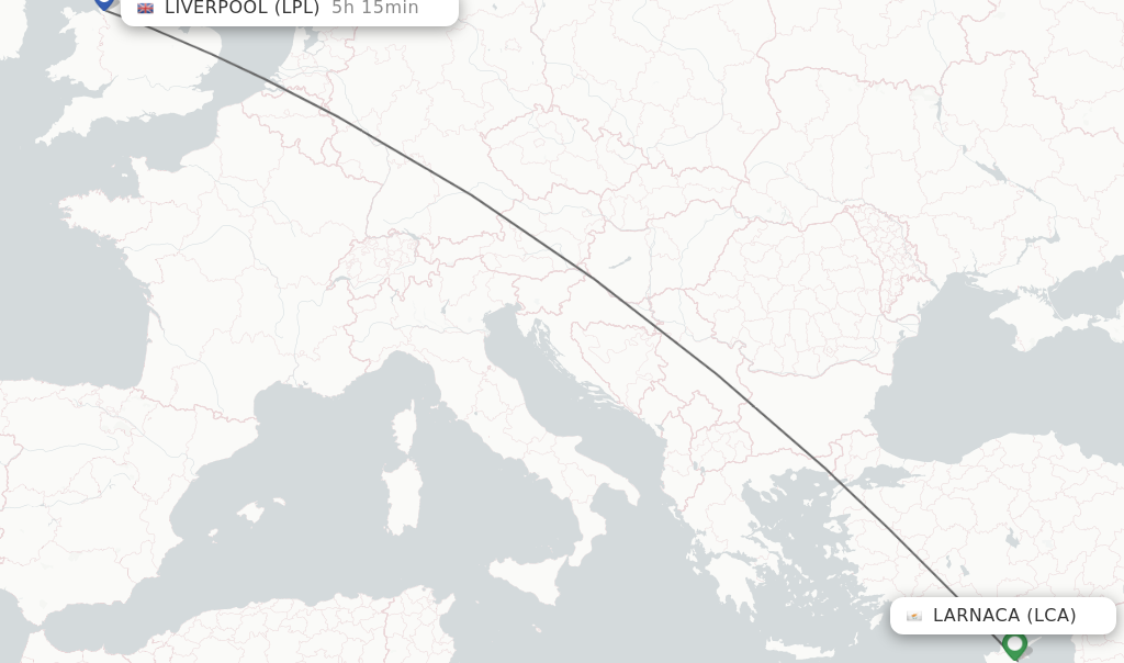Flights from Larnaca to Liverpool route map