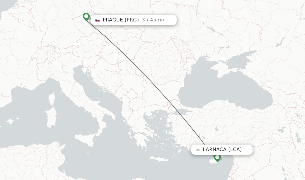 Flights from Larnaca to Prague route map