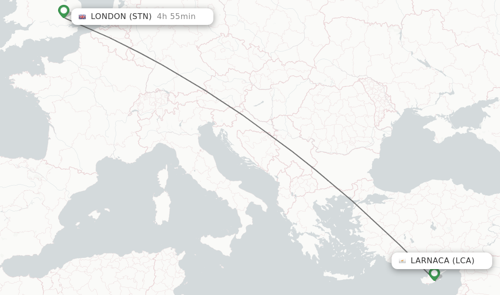 Flights from Larnaca to London route map