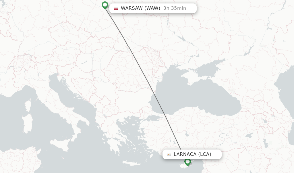 Flights from Larnaca to Warsaw route map