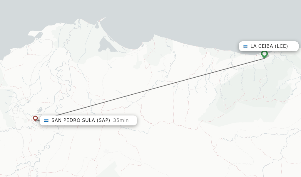 Flights from La Ceiba to San Pedro Sula route map
