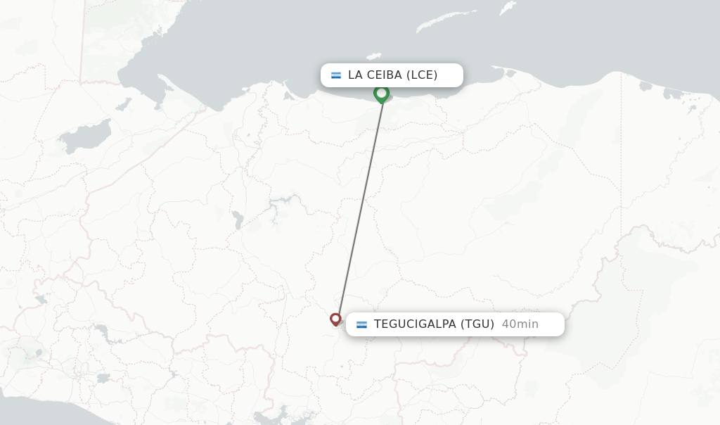 Flights from La Ceiba to Tegucigalpa route map