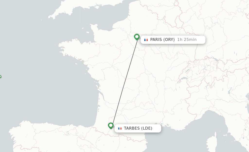 Flights from Lourdes to Paris route map