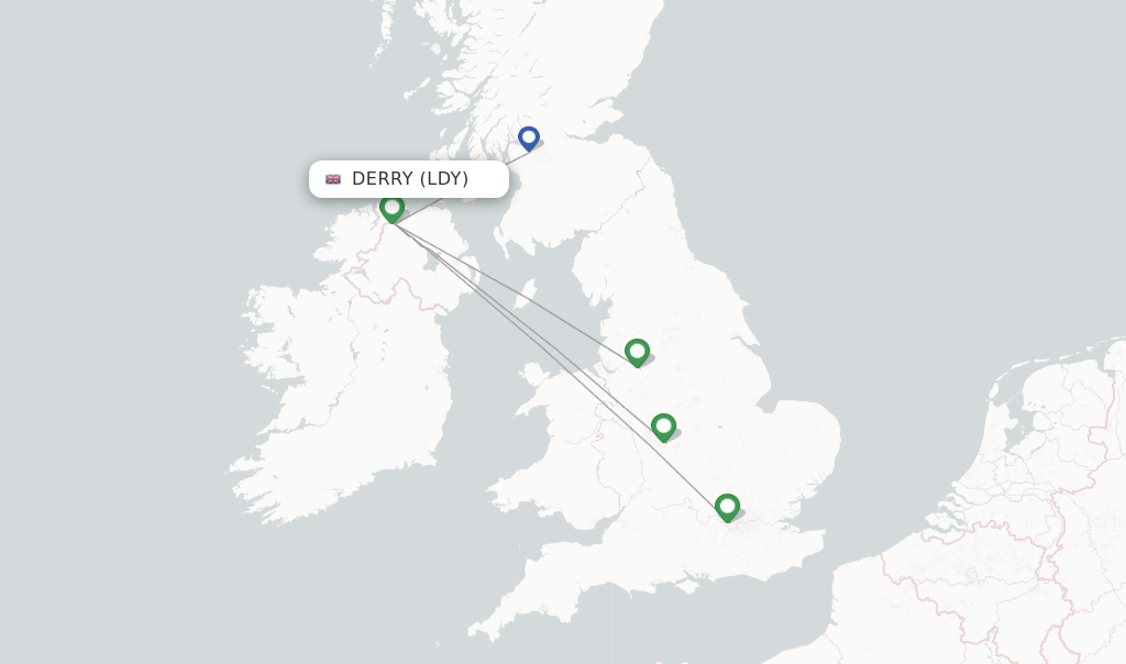 Flights from Derry to London route map