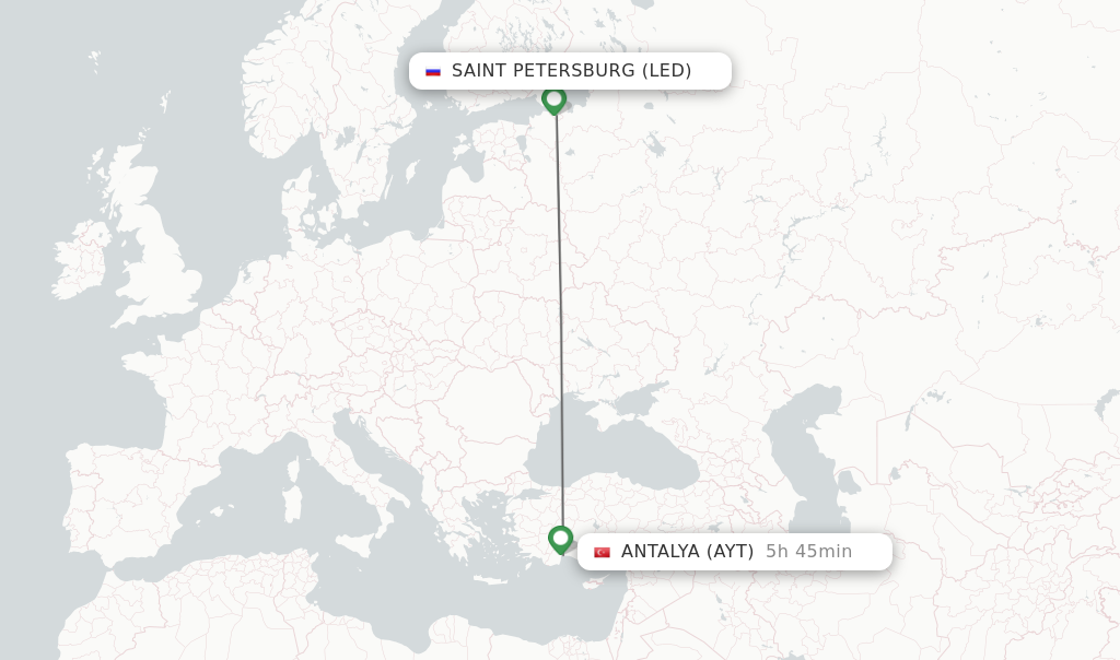 Flights from Saint Petersburg to Antalya route map