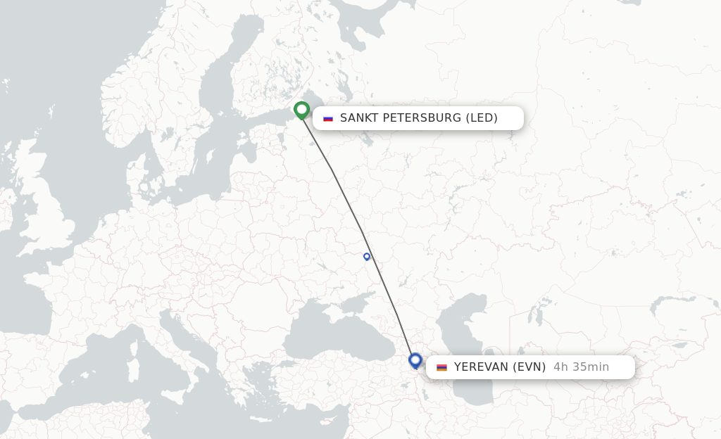 Flights from Saint Petersburg to Yerevan route map