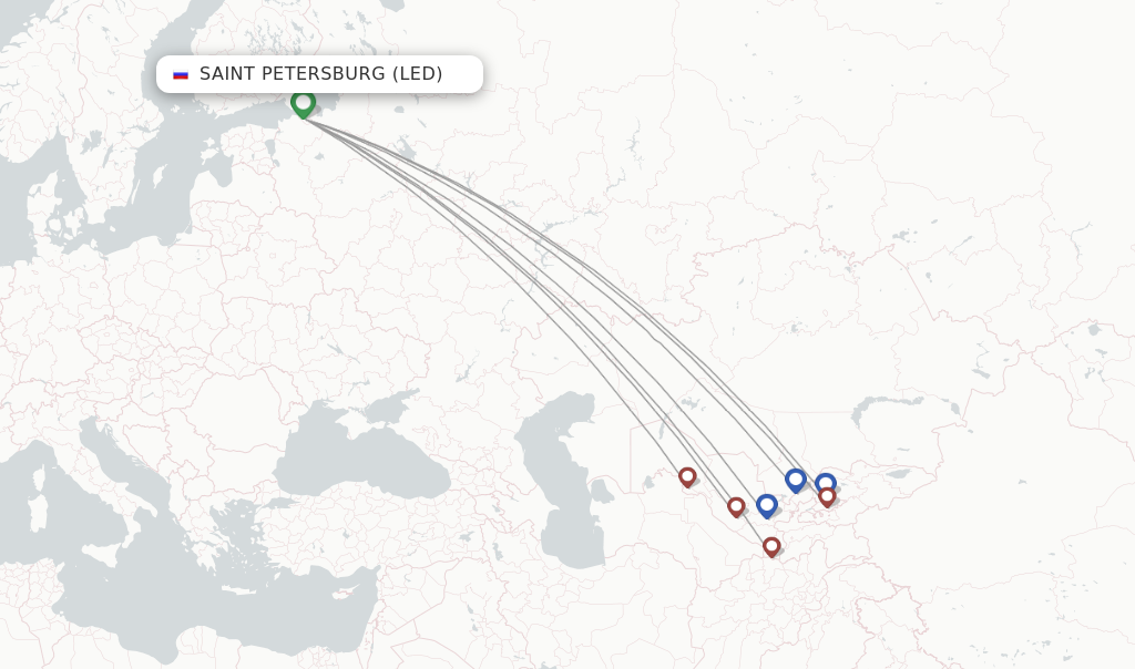 Route map with flights from Saint Petersburg with Uzbekistan Airways