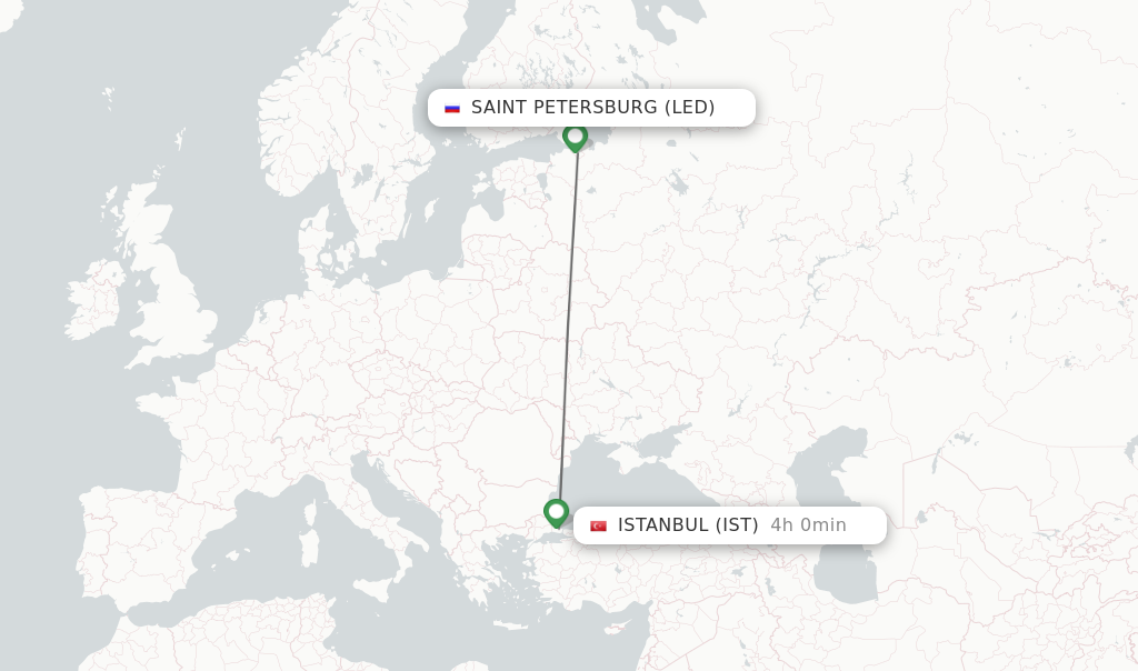 Flights from Saint Petersburg to Istanbul route map