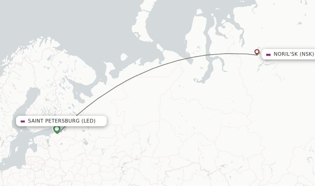Flights from Saint Petersburg to Noril'sk route map