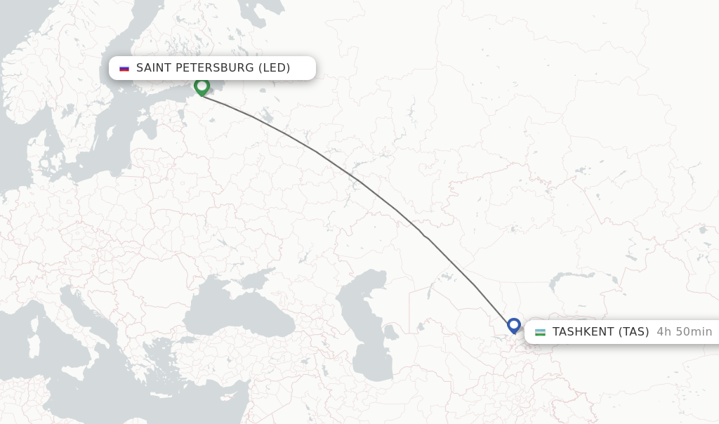 Flights from Saint Petersburg to Tashkent route map