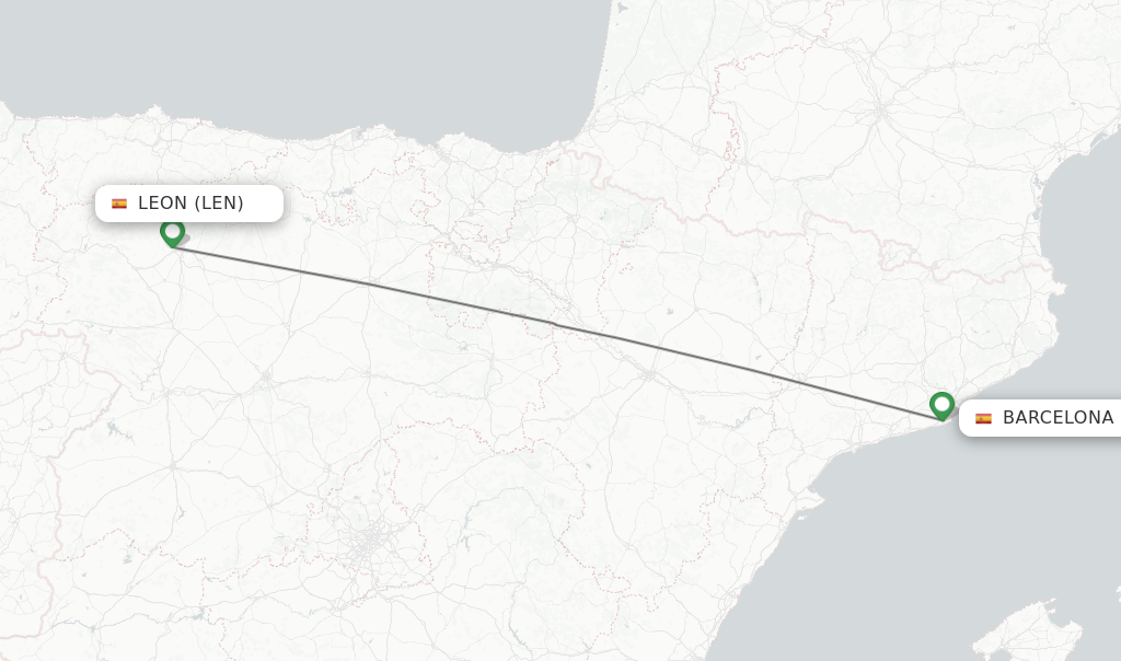 Flights from Leon to Barcelona route map