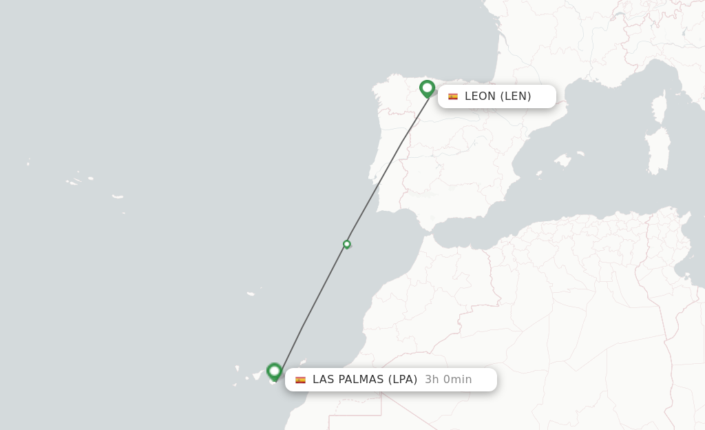 Flights from Leon to Las Palmas route map