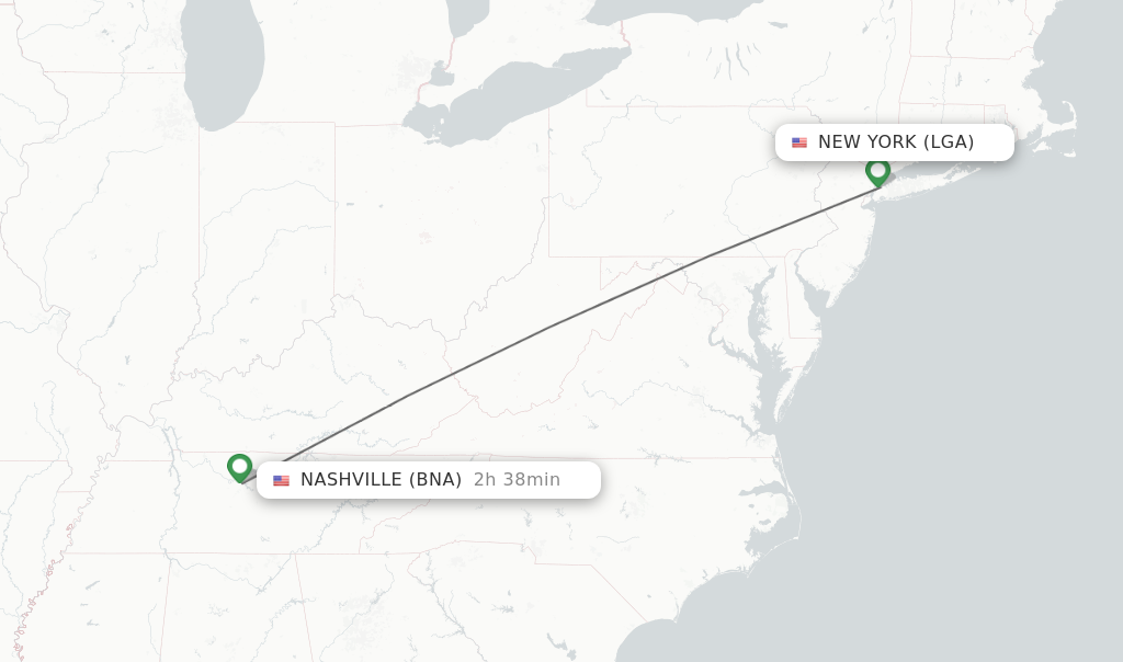 Flights from New York to Nashville route map