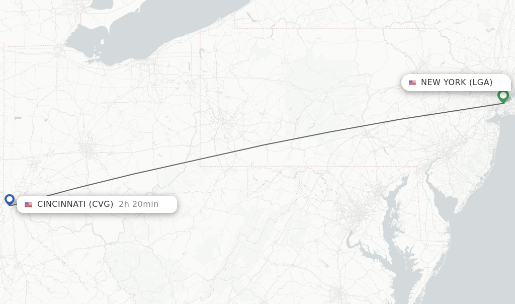 Flights from New York to Cincinnati route map