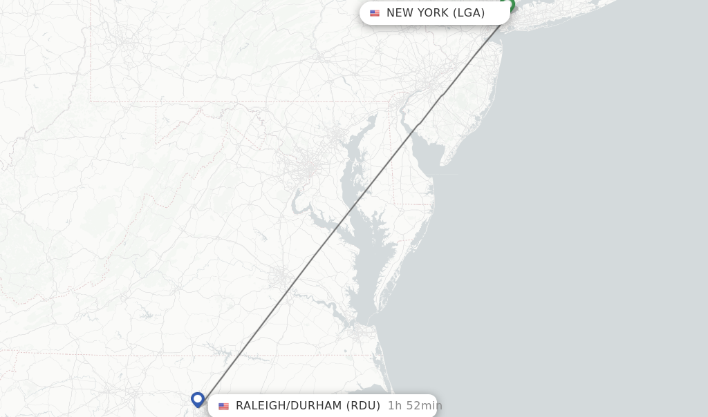 Flights from New York to Raleigh/Durham route map