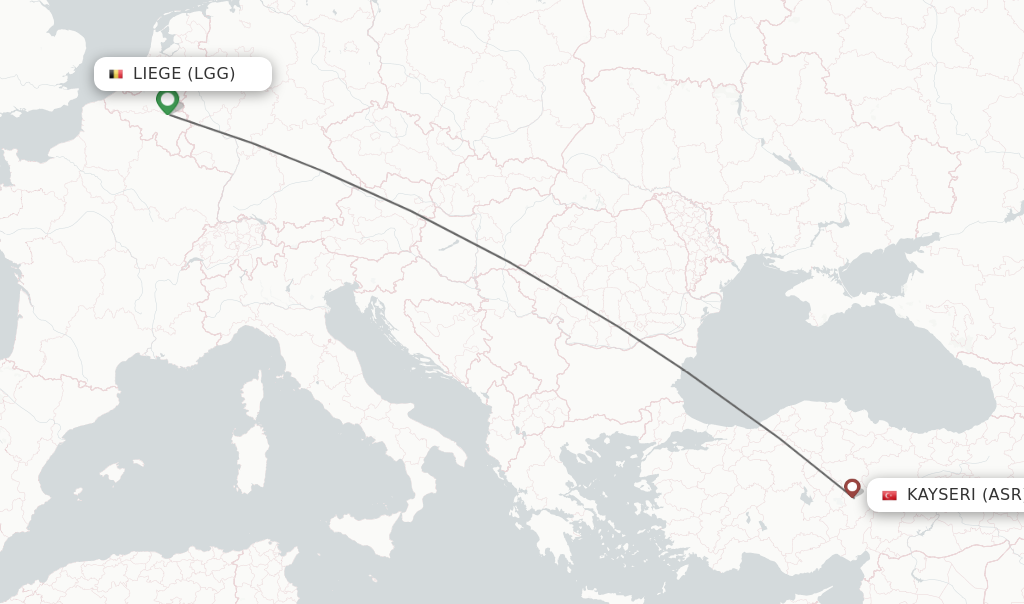 Flights from Liege to Kayseri route map
