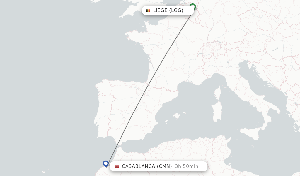 Flights from Liege to Casablanca route map