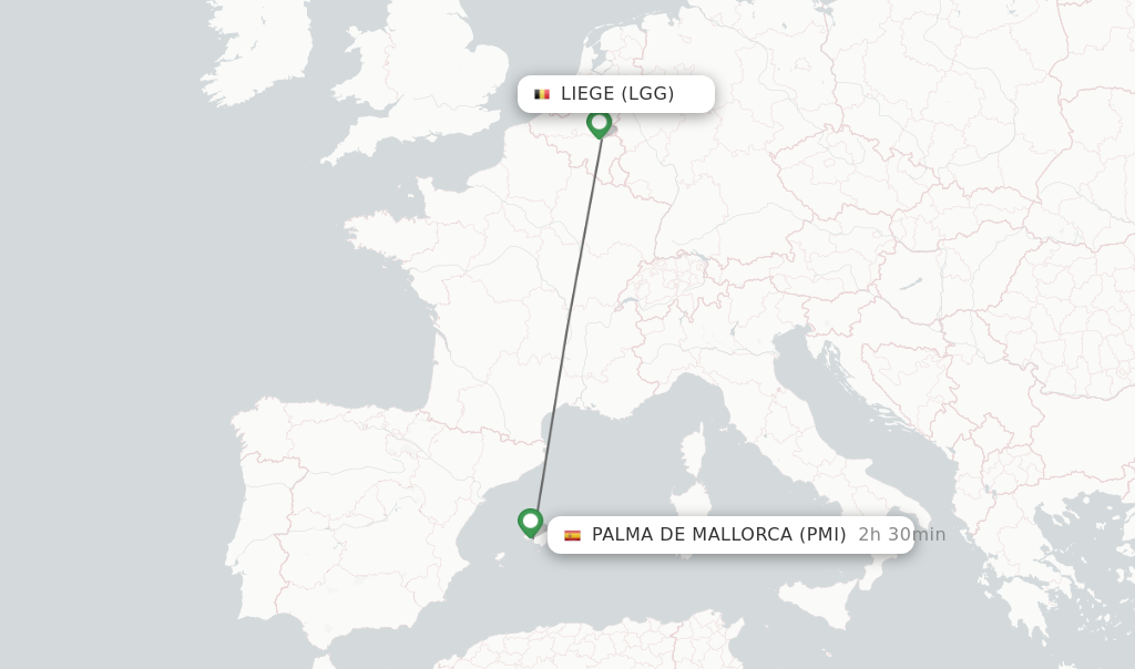 Flights from Liege to Palma de Mallorca route map