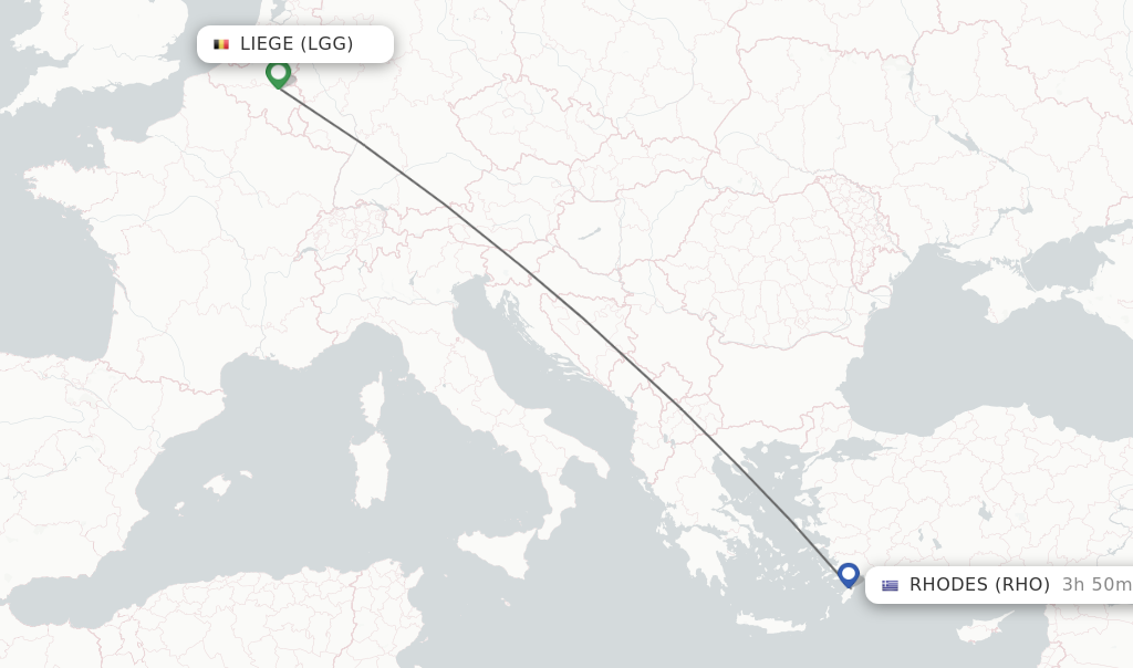 Flights from Liege to Rhodes route map