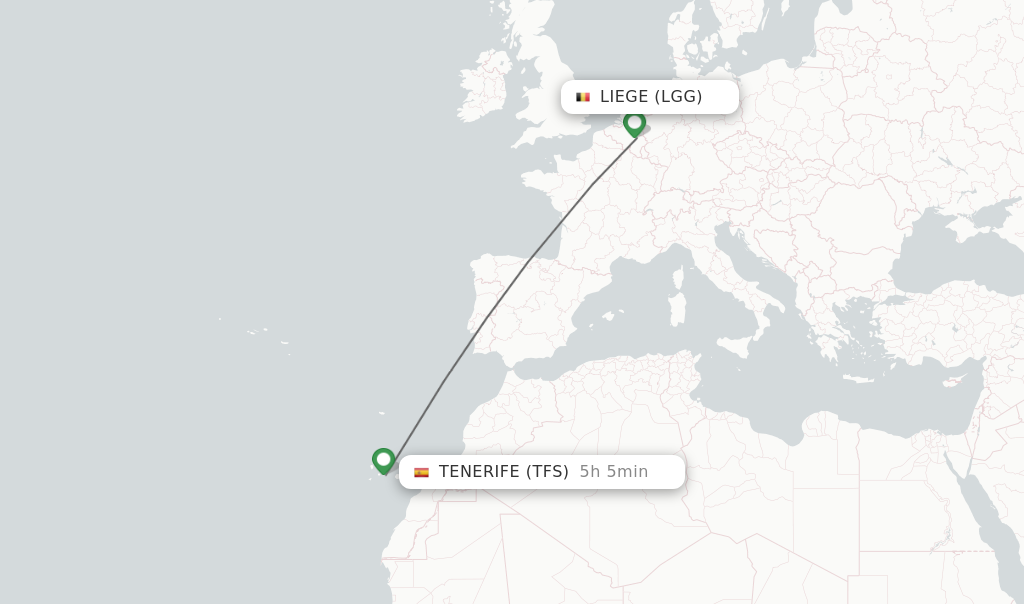 Flights from Liege to Tenerife route map