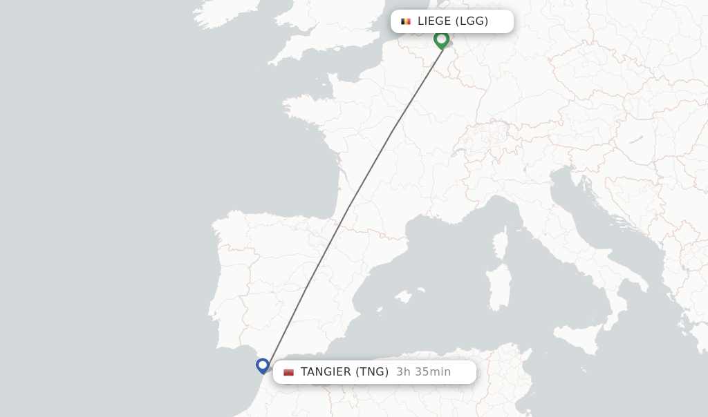 Flights from Liege to Tangier route map