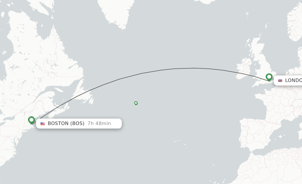 Flights from London to Boston route map