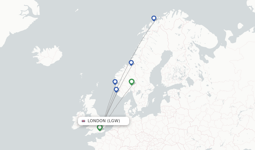 Route map with flights from London with Norwegian