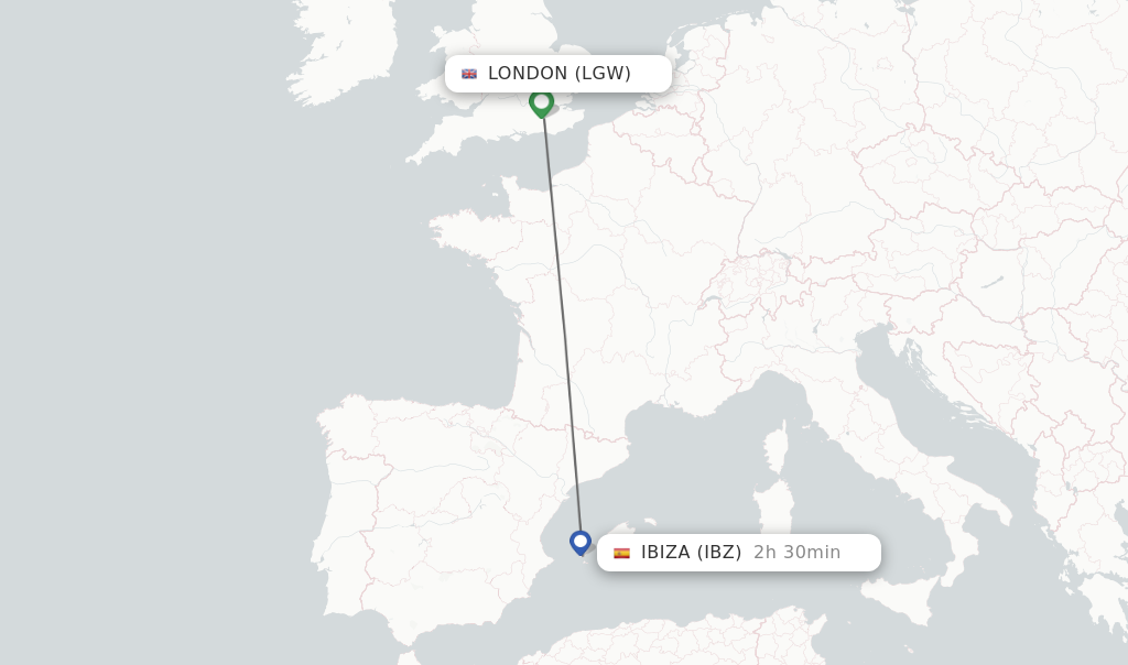 Flights from London to Ibiza route map