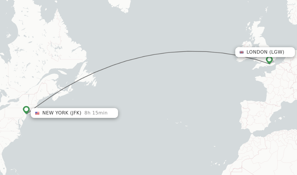 Flights from London to New York route map