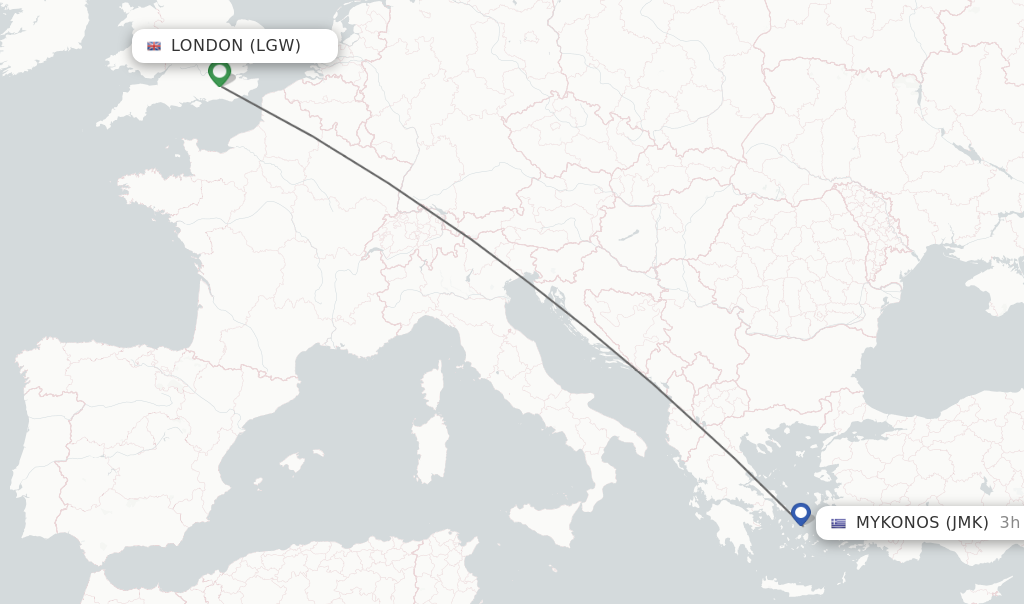 Flights from London to Mykonos route map