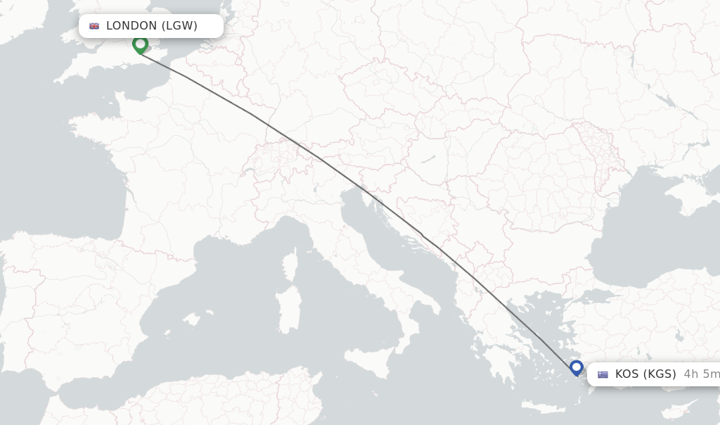 Flights from London to Kos route map