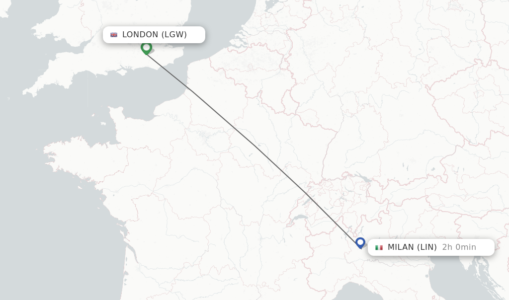 Flights from London to Milan route map