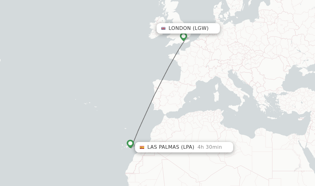 Flights from London to Las Palmas route map