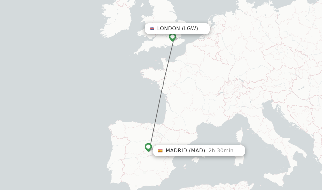 Flights from London to Madrid route map