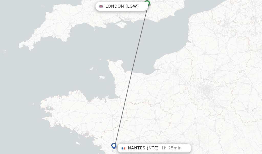 Flights from London to Nantes route map