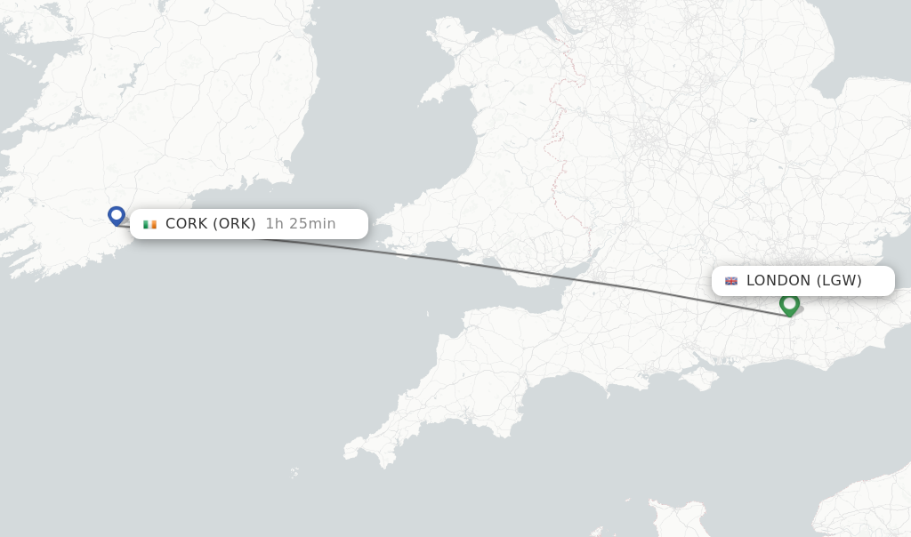 Flights from London to Cork route map