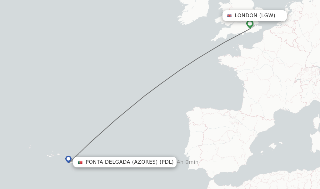 Flights from London to Ponta Delgada (Azores) route map