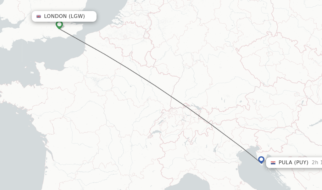 Flights from London to Pula route map