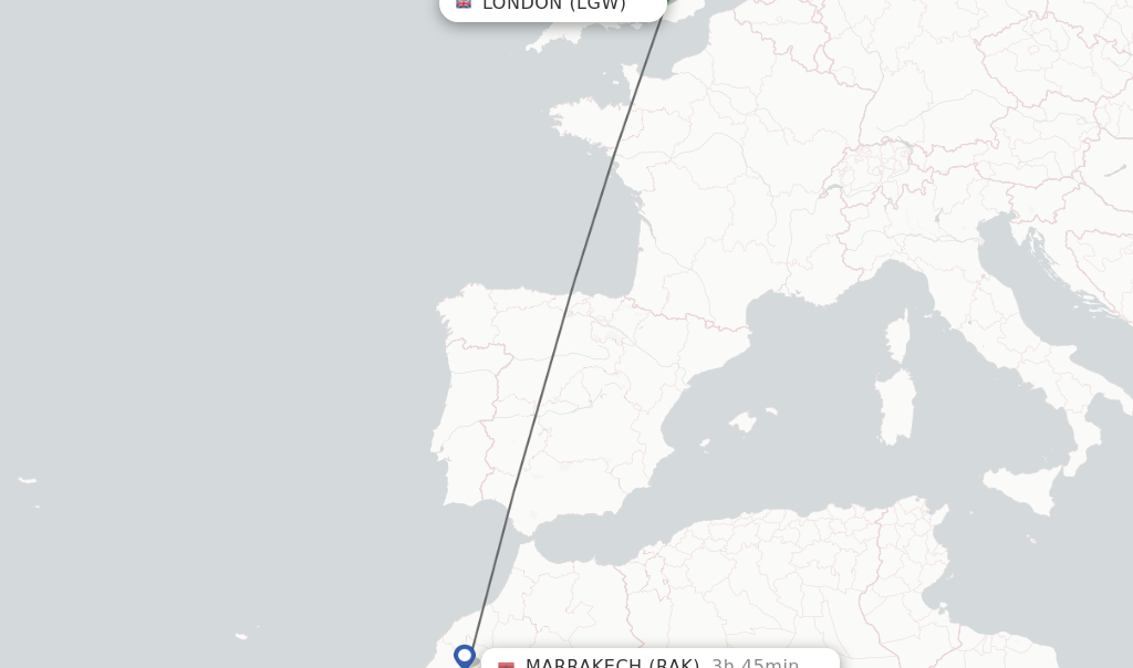 Flights from London to Marrakech route map