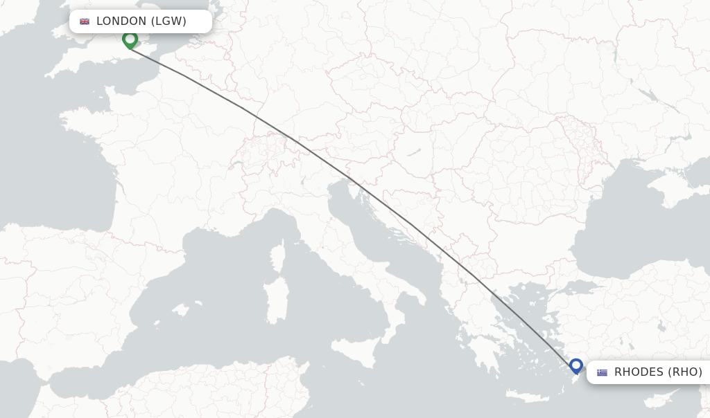 Flights from London to Rhodes route map