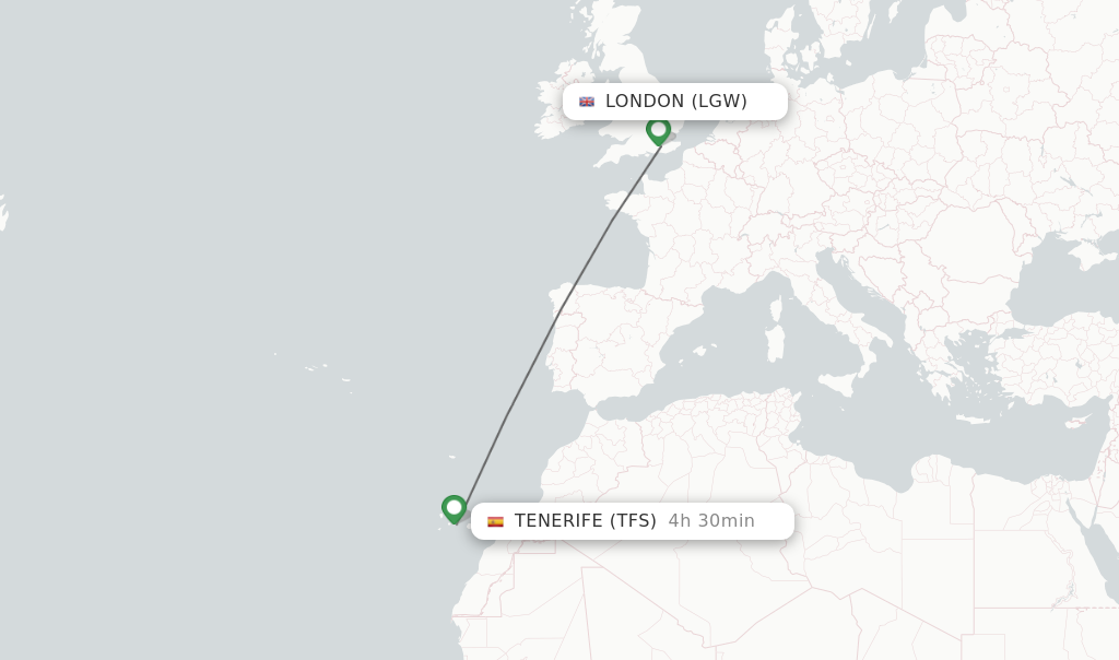 Flights from London to Tenerife route map