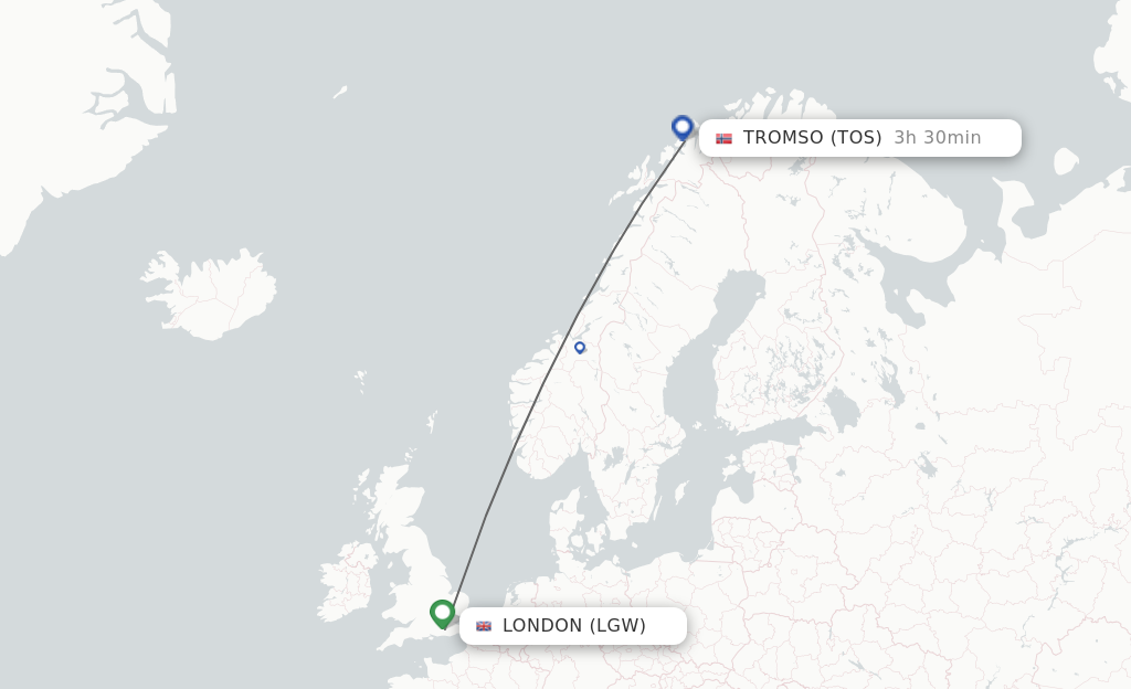 Flights from London to Tromso route map