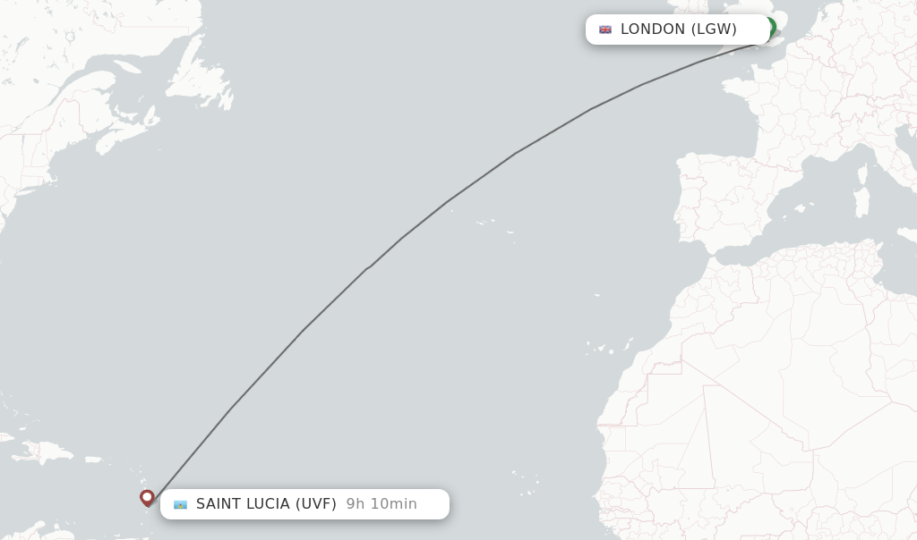 Flights from London to Saint Lucia route map