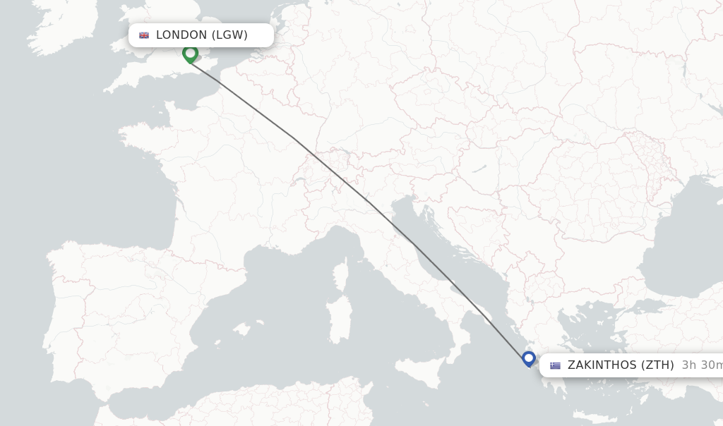 Flights from London to Zakinthos route map