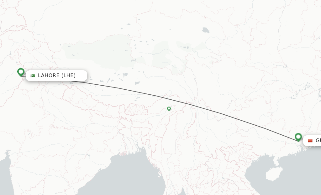 Flights from Lahore to Guangzhou route map
