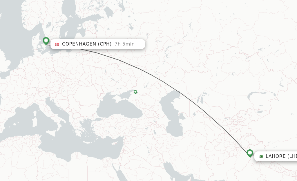 Flights from Lahore to Copenhagen route map