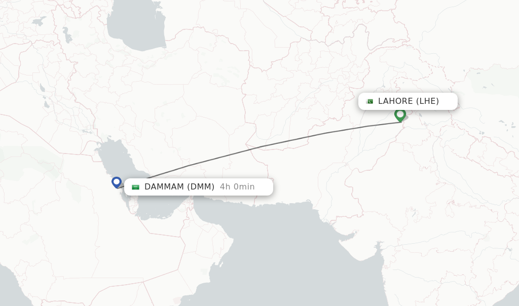 Flights from Lahore to Dammam route map