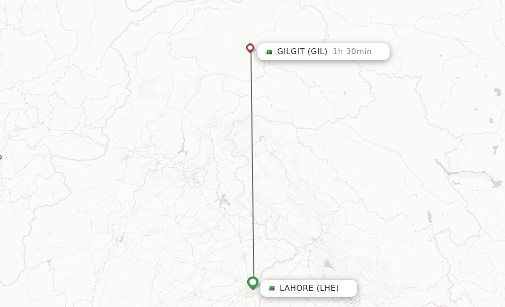 Flights from Lahore to Gilgit route map