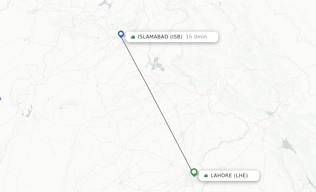 Flights from Lahore to Islamabad route map