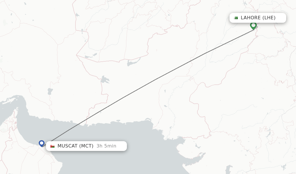 Flights from Lahore to Muscat route map